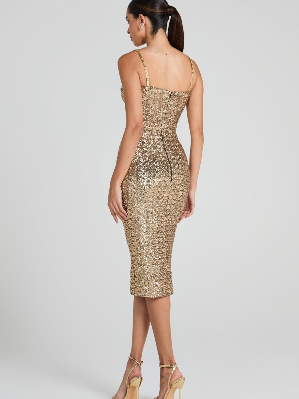 NADINE MERABI Nina Dress NWT Gold Sequin Sweetheart Midi Dress - Picture 3 of 8